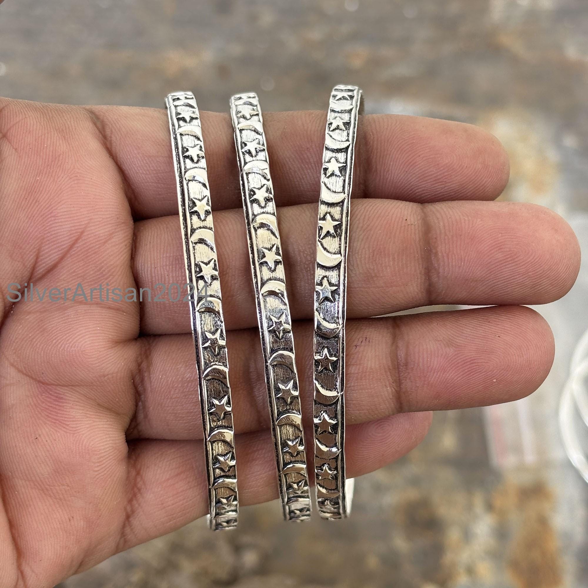 Sterling Silver Star & Moon Bangle Set - Handmade Designer Bracelets