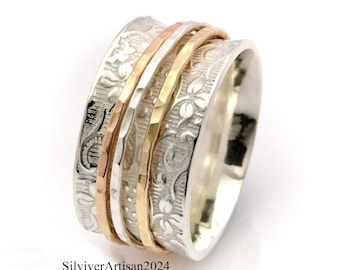 Massiver Sterling Silber Spinner Ring, drei Ton Ring, Boho Fidget Schmuck, Angst Ring, Frauen Ring, Geschenk für sie, handgemachter Silber Schmuck