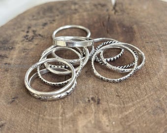 Anelli impilabili in argento sterling 925, 12 pezzi, anello vistoso fatto a mano, anello regalo per donna, gioielli boho, anello unico, anelli in argento a filo sottile