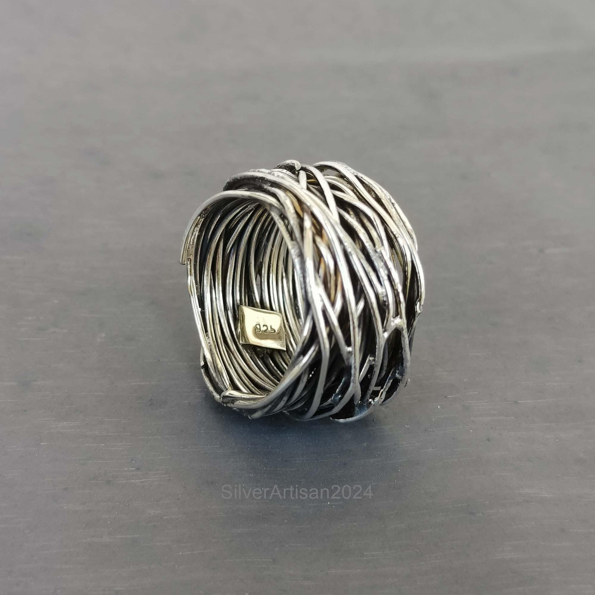Oxidized Sterling Silver Braided Wire Ring - Wide Band