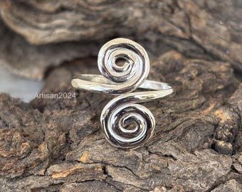 Sterling Silver Double Spiral Ring - Adjustable Wire Wrapped Design