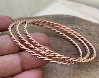 手作りの純銅製バングルセット：ツイストワイヤーカフブレスレット