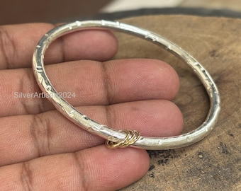 Brazalete grueso de plata esterlina con eslabones dorados - Pulsera gruesa hecha a mano