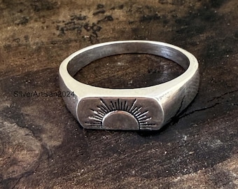 Sterling zilveren ring met zonnestralenmotief, minimalistische boho-ring, unisex statement-sieraad, ring met zonnestralenmotief, zegelring, ring voor mannen en vrouwen, cadeau