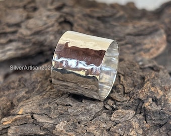 Handmade Hammered Sterling Silver Statement Ring: Wide Cuff Band