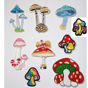 May include: A set of ten embroidered iron-on patches featuring various colourful mushroom designs. The patches are perfect for adding a whimsical touch to clothing, bags, or other fabric items.