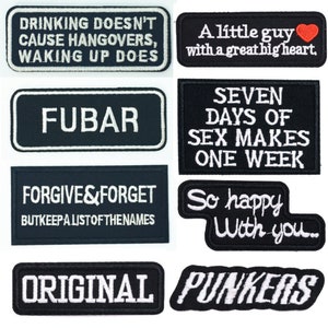 Motard personnage populaire Boire ne cause pas de problèmes, pardonnez et oubliez, Original, Un petit gars, SEPT JOURS, Tellement heureux, écusson à repasser Punkers