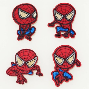 May include: Four embroidered iron-on patches featuring a cartoon image of Spiderman in different poses. The patches are red and blue with black outlines.