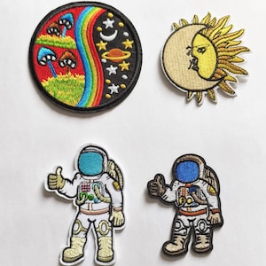 Blue sun and Moon, Moon and Sun, NASA Spaceman, Spaceman Brown Iron On / Sew On Patch Badge