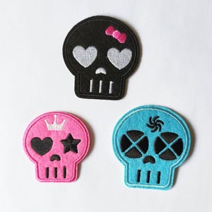 Pink Black Blue Skull Patch Badge Iron On Sew On