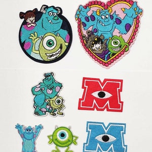 May include: Set of seven embroidered iron-on patches featuring characters from the Disney movie Monsters Inc. The patches include Sully, Mike, Boo, and the Monsters Inc. logo.