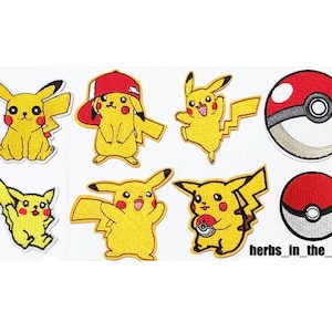 May include: Set of 8 iron-on patches featuring Pokemon characters, including Pikachu, with red and white Pokeball designs.