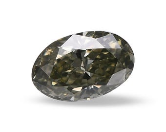 May include: An oval-cut, olive-green diamond with a faceted surface. The gemstone is set against a white background, showcasing its clarity and brilliance. The diamond's shape is elongated, with a symmetrical arrangement of facets.