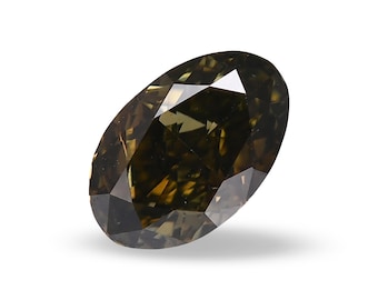 May include: An oval-cut, dark olive-green gemstone with multiple facets. The gemstone is set against a white background, showcasing its color and clarity. The cut of the stone creates a play of light and shadow, highlighting its brilliance.