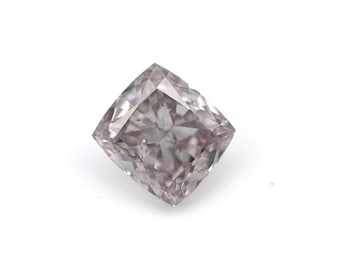 May include: A square-cut, light purple diamond with multiple facets. The gemstone is set against a white background, showcasing its clarity and color. The diamond's shape is a cushion cut, reflecting light from various angles.