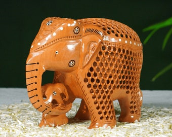 Wooden Elephant Statue | Wood Hand Carved Elephant Figurine Décor