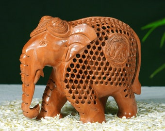 Wooden Elephant Statue | Wood Hand Carved Elephant Figurine Décor