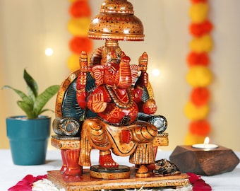 Wooden Hand-Painted Lord Ganesha #Sitting Ganesh Statue #Hindu Elephant God #Good Luck God #Vinayaka Statue #Lambodara #Ganesh for Altar