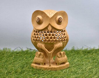 Wooden Handmade "Owl with 2 Babies" Home Decor, Decorative, Figurine, Sculpture, Wood Carving, Family Art, Wisdom, Good Luck, Feng Shui