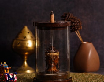 Backflow Incense Burner Wooden Buddha Waterfall Incense for Meditation Yoga Home Fragrance Aromatherapy Gift Modern Art - 60 cones inside