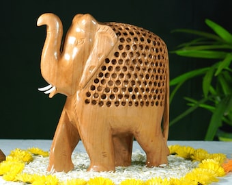 Wooden Elephant Statue | Wood Hand Carved Elephant Figurine Décor