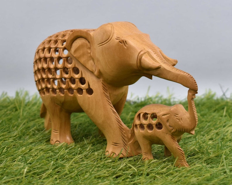 Wooden Handmade Elephant with Baby Home Decor, Decorative, Figurine, Sculpture, Wood Carving, Family Art, Wisdom, Good Luck, Feng Shui image 8