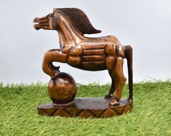 Wild & Free Jumping Horse Sculpture Carved in Wood, Bespoke Figurine for Home Decor