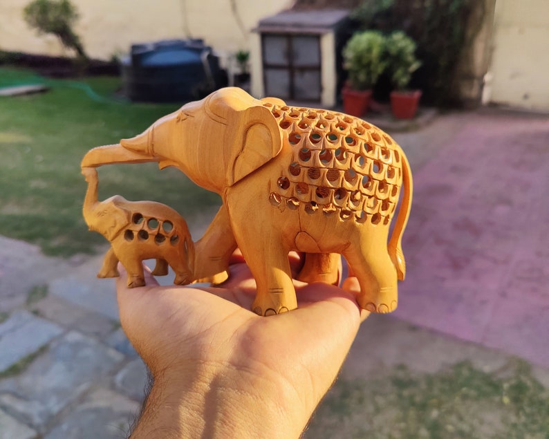 Wooden Handmade Elephant with Baby Home Decor, Decorative, Figurine, Sculpture, Wood Carving, Family Art, Wisdom, Good Luck, Feng Shui image 2
