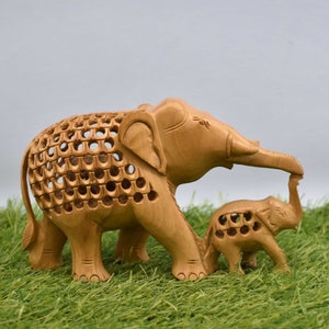 Wooden Handmade Elephant with Baby Home Decor, Decorative, Figurine, Sculpture, Wood Carving, Family Art, Wisdom, Good Luck, Feng Shui image 7