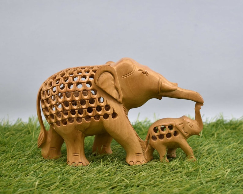 Wooden Handmade Elephant with Baby Home Decor, Decorative, Figurine, Sculpture, Wood Carving, Family Art, Wisdom, Good Luck, Feng Shui image 7