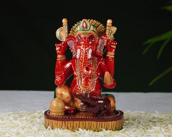 Wooden Hand-Painted Lord Ganesha #Sitting Ganesh Statue #Hindu Elephant God #Good Luck God #Vinayaka Statue #Lambodara #Ganesh for Altar
