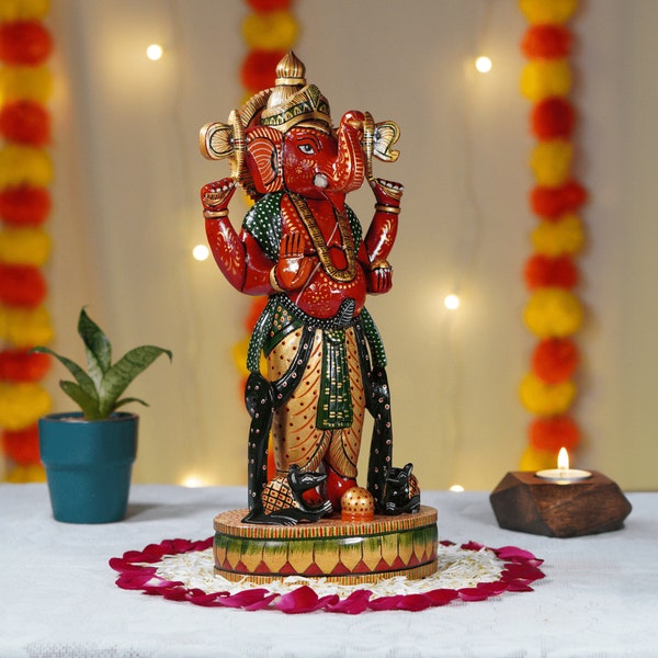 Wooden Hand-Painted Lord Ganesha #Sitting Ganesh Statue #Hindu Elephant God #Good Luck God #Vinayaka Statue #Lambodara #Ganesh for Altar