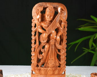 Wooden Saraswati Statue, Hand Carved Standing Wooden Saraswati Idol, Wood Saraswati Statue. Hindu goddess of Arts, Music & Knowledge