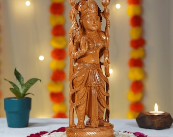 Wooden Laxmi Statue, Hand Carved Standing Wooden Laxmi Idol, Wood Laxmi Statue. Hindu goddess of Wealth and Prosperity
