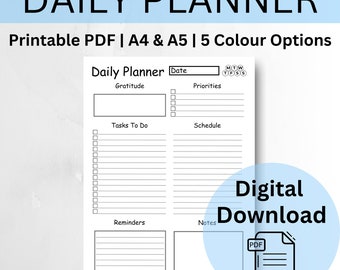 Daily Planner, Productivity Planner, Instant Download, 5 Colour Options, A4 & A5, Downloadable PDF Template, Print at Home