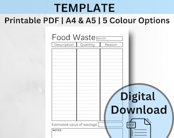 Food Waste Record Template, Save Money, Instant Download, 5 Colour Options, A4 & A5, Downloadable PDF Template, Print at Home