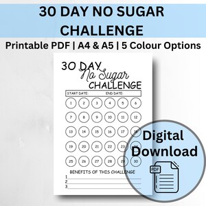 30 Day No Sugar Challenge, Achieve Your Health Goals, Instant Download, 5 Colour Options, A4 & A5, Downloadable PDF Template, Print at Home