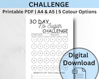 30 Day No Sugar Challenge, Achieve Your Health Goals, Instant Download, 5 Colour Options, A4 & A5, Downloadable PDF Template, Print at Home