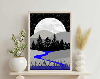 Moonrise Wall Art – Nighttime Forest, River & Mountains. Digital Download, PDF A2, A3, A4.