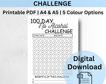 100 Day No Alcohol Challenge, Habit Change Tracker, Health Goal, Downloadable Digital Template, A4 & A5, Multiple Colour Options