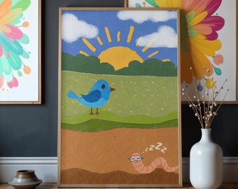 The Early Bird Catches the Worm Wall Art Nursery Print, Cute Bird Illustration, Humorous Quote Art, Digital Download