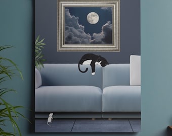 Sleepy Cat, Wall Art Printable, Cat and Mouse, Lighthearted Animal Art, Modern Living Room Decor, PDF Digital Download A4 A3 A2