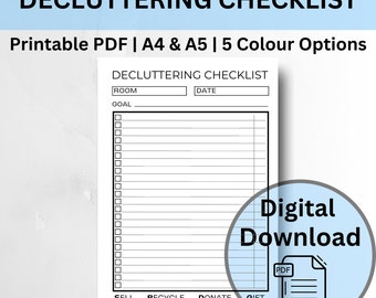 Decluttering Checklist, Template, Instant Download, 5 Colour Options, A4 & A5, Downloadable PDF Template, Print at Home