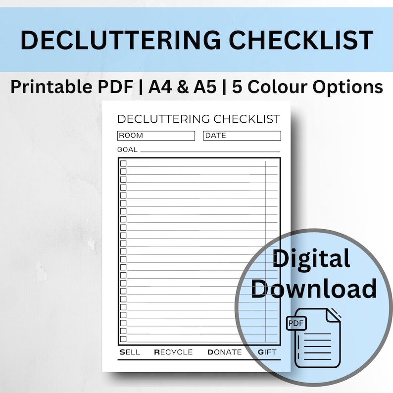 Decluttering Checklist, Template, Instant Download, 5 Colour Options ...