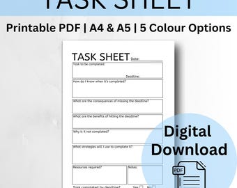 Task Sheet | Beat Procrastination | Productivity | Motivation | Template | Printable A4 & A5 PDF | 5 Colour Options | Instant Download.