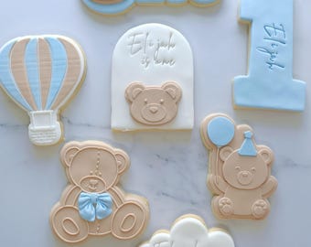 Custom Teddy Bear First Birthday Sugar Cookies – Hot Air Balloon Theme