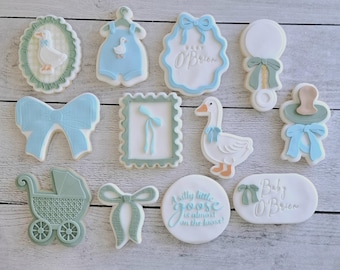 A silly little goose is amost on the loose/Baby shower cookies/Goose cookies/Silly goose/sugar cookies/Personalised cookies