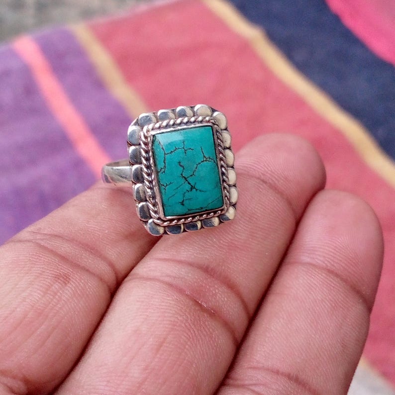 Sterling Silver Turquoise Ring, Boho Hippie Style, Rectangle Gemstone ...