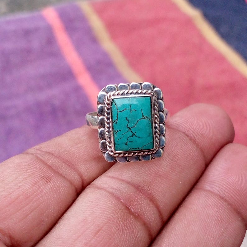 Sterling Silver Turquoise Ring, Boho Hippie Style, Rectangle Gemstone ...
