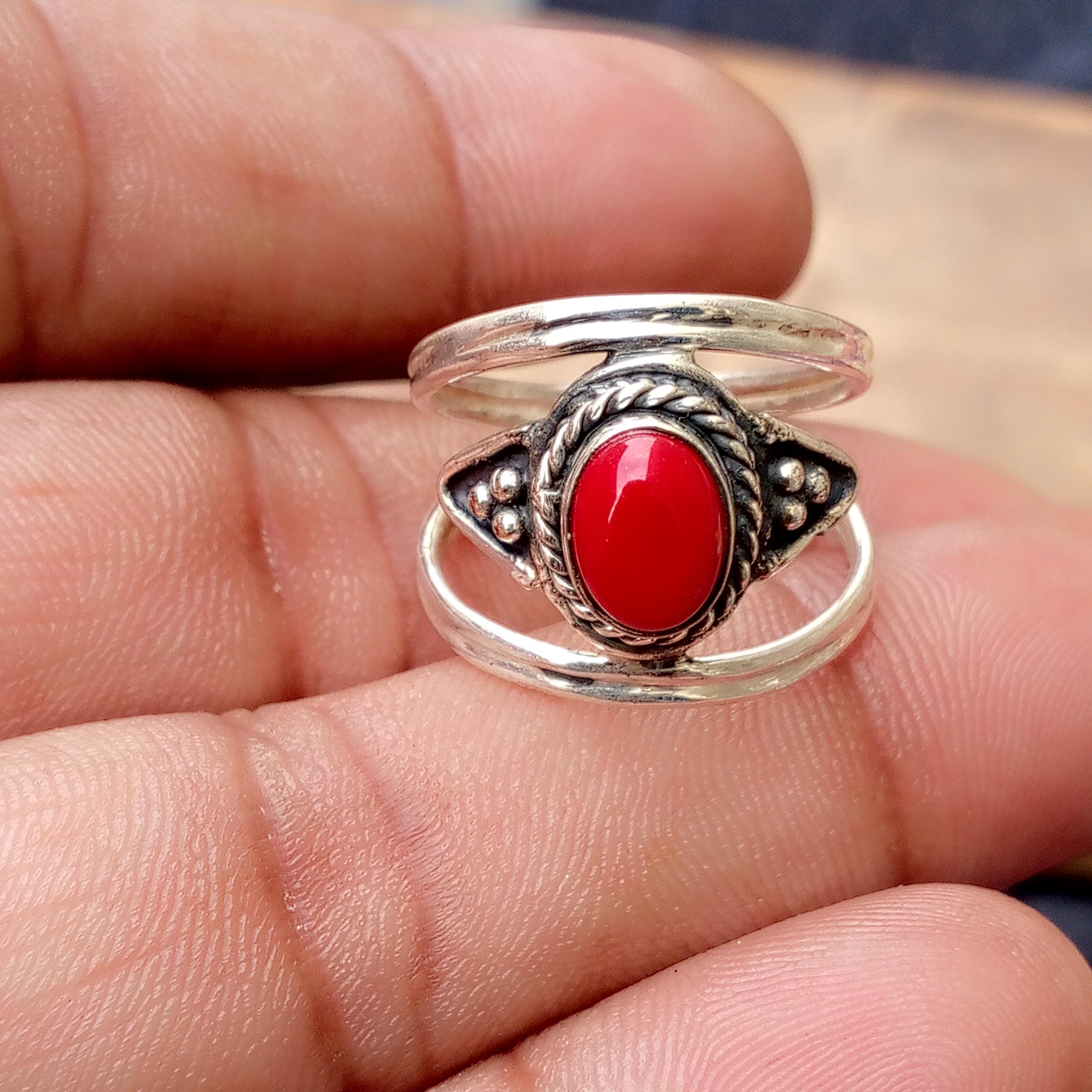 coral ring silver 925 コーラルリング 925 Sterling Silver Ring, Coral Gemstone Ring, Statement Ring
